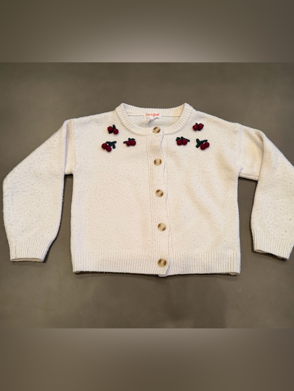 Cat & Jack… Cream Girls' Knit Cardigan with Cherry Embroidery, SZ 4T